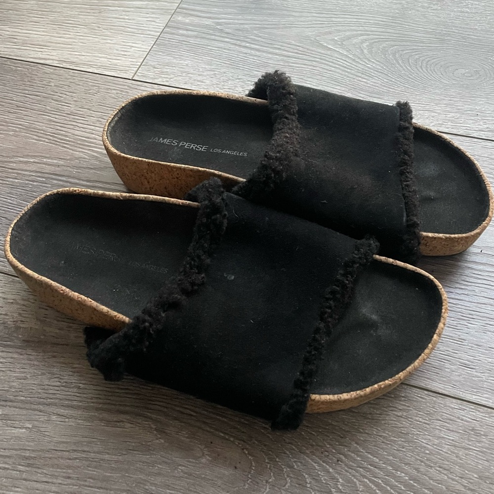 James Perse Black Shearling Slides
